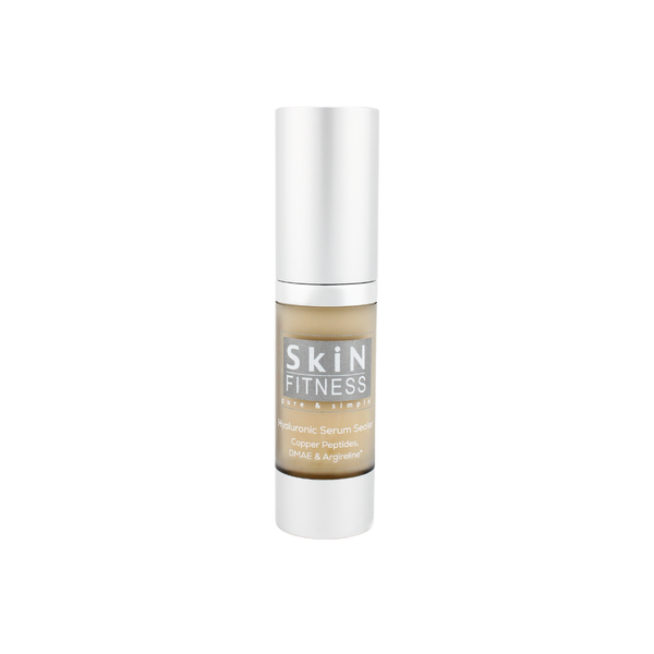 Hyaluronic Serum Sealer | Skin Fitness Therapy in a sleek pump bottle, showcasing skincare designed to enhance skin hydration and firmness with copper peptides and DMAE.