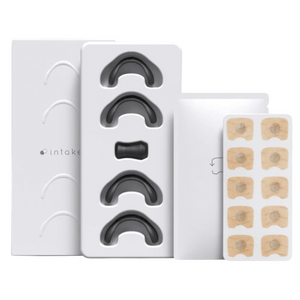 Intake Nasal Strip Starter Kit - 15 Pack | Intake Breathing showing black nasal strips, adhesive patches, and sleek white packaging designed for improved breathing and wellness.