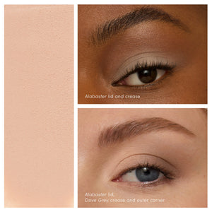 Swatches and application of ColorLuxe Eye Shadow Stick | Jane Iredale in a soft alabaster shade on diverse models showcasing subtle and smooth eye makeup looks.