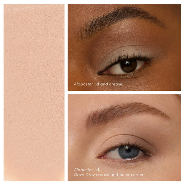 Swatches and application of ColorLuxe Eye Shadow Stick | Jane Iredale in a soft alabaster shade on diverse models showcasing subtle and smooth eye makeup looks.
