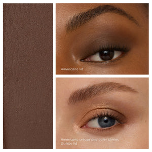 Close-up showing two eyes with brown and bronze shimmery eyeshadow applied, alongside a solid swatch of deep brown color from the ColorLuxe Eye Shadow Stick | Jane Iredale.