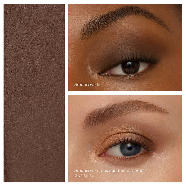 Close-up showing two eyes with brown and bronze shimmery eyeshadow applied, alongside a solid swatch of deep brown color from the ColorLuxe Eye Shadow Stick | Jane Iredale.