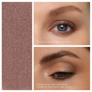 Close-up of an eye makeup look featuring bronze shimmer applied on the eyelid, crease, and lower lash line, highlighting the ColorLuxe Eye Shadow Stick | Jane Iredale product.