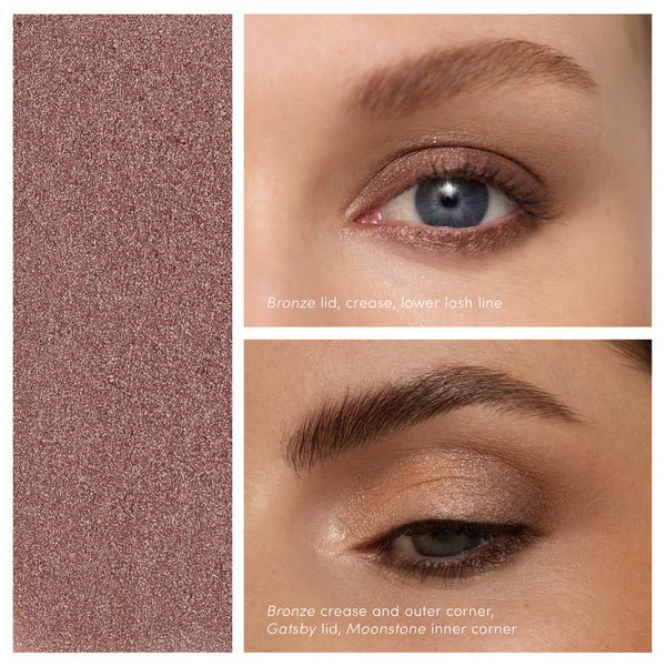 Close-up of an eye makeup look featuring bronze shimmer applied on the eyelid, crease, and lower lash line, highlighting the ColorLuxe Eye Shadow Stick | Jane Iredale product.