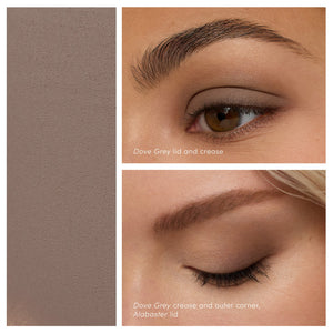 Close-up of two eyes featuring neutral grey and beige eye shadow shades on lids and creases, demonstrating application of ColorLuxe Eye Shadow Stick | Jane Iredale for a soft, natural look.
