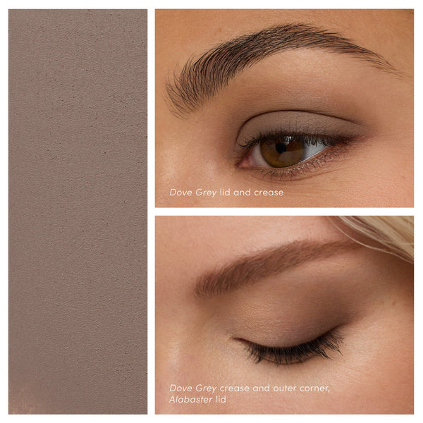 Close-up of two eyes featuring neutral grey and beige eye shadow shades on lids and creases, demonstrating application of ColorLuxe Eye Shadow Stick | Jane Iredale for a soft, natural look.