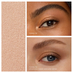 Close-up of two eyes showcasing shimmery neutral eyeshadow in warm beige tones, highlighting the ColorLuxe Eye Shadow Stick | Jane Iredale application for a smooth, radiant look.