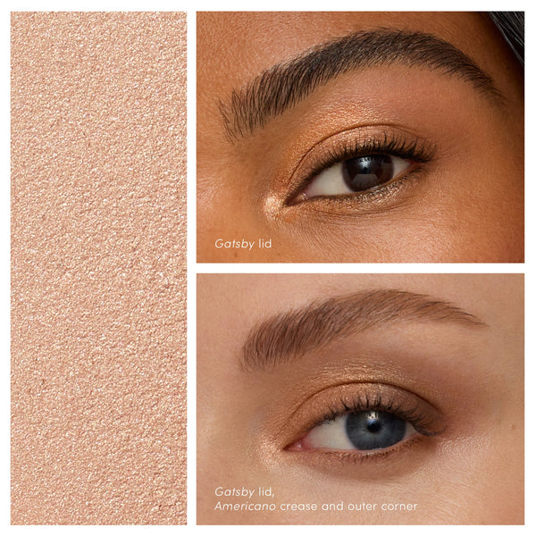 Close-up of two eyes showcasing shimmery neutral eyeshadow in warm beige tones, highlighting the ColorLuxe Eye Shadow Stick | Jane Iredale application for a smooth, radiant look.