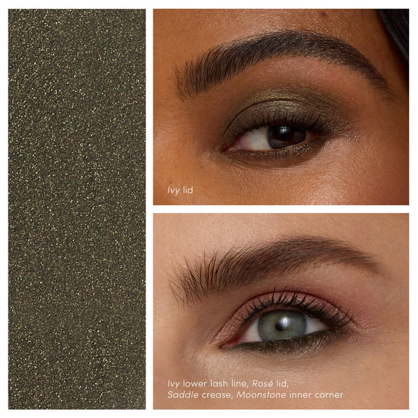 Close-up of eyes showcasing shimmery olive green eyeshadow on upper lid and a combination of olive green and mauve tones on lower lash line and crease applied using ColorLuxe Eye Shadow Stick | Jane Iredale.
