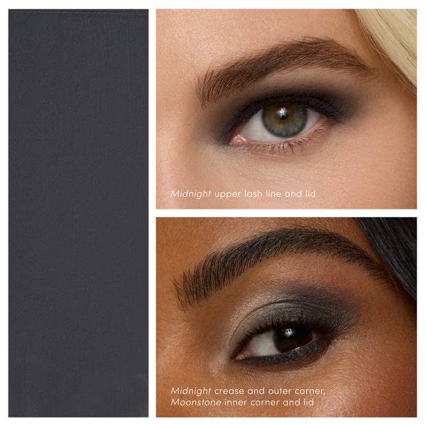 Swatches and close-up eye makeup looks featuring a deep dark shadow with smoky effects, showcasing ColorLuxe Eye Shadow Stick | Jane Iredale applied on diverse skin tones.