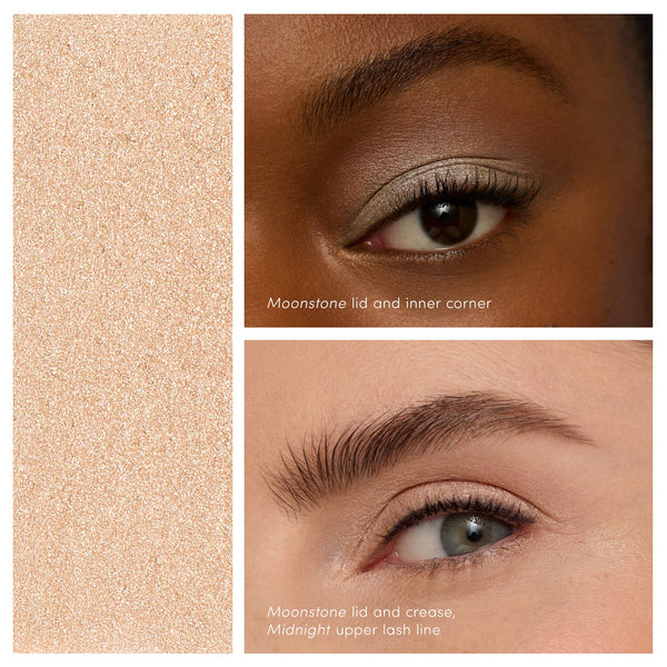 Close-up of two eyes showcasing shimmery neutral eyeshadow applied on lids and inner corners, featuring ColorLuxe Eye Shadow Stick | Jane Iredale in a soft moonstone shade.
