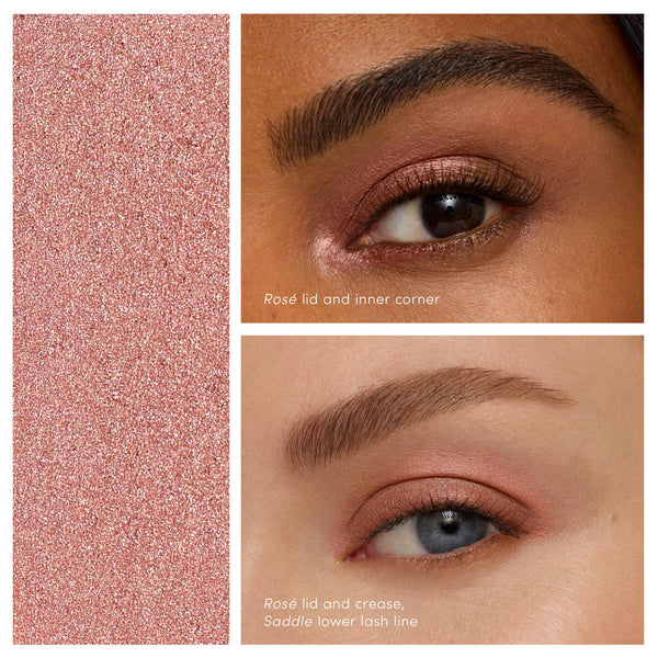 Close-up of two eyes showcasing shimmering rose-toned eyeshadow applied on the lids and inner corners, demonstrating the ColorLuxe Eye Shadow Stick | Jane Iredale shade.