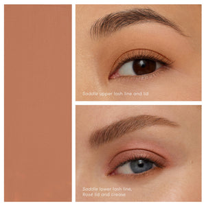 Close-up views of eyes showing warm, natural-toned eyeshadow applied on upper and lower lash lines and lids, highlighting the ColorLuxe Eye Shadow Stick | Jane Iredale in a saddle shade.