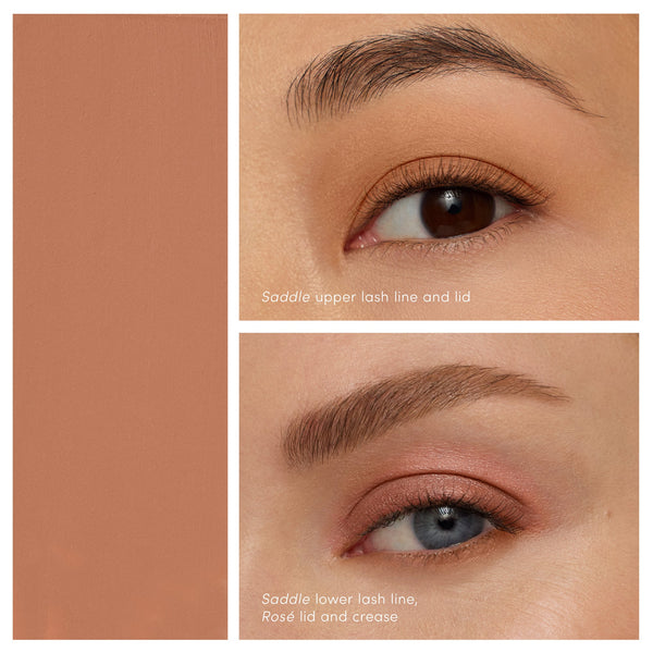 Close-up views of eyes showing warm, natural-toned eyeshadow applied on upper and lower lash lines and lids, highlighting the ColorLuxe Eye Shadow Stick | Jane Iredale in a saddle shade.