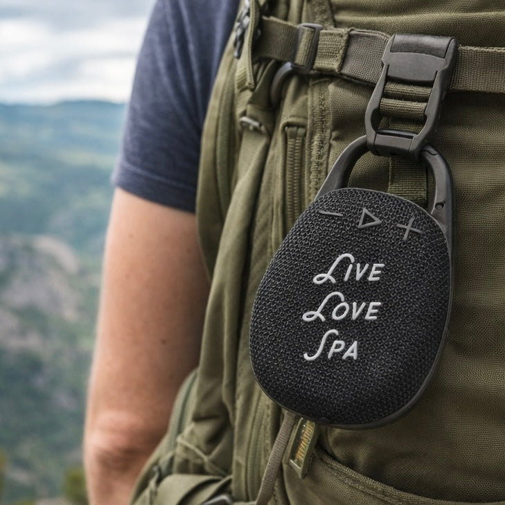 Wireless Clip Speaker | Live Love Spa in black with textured surface, featuring control buttons and branded text, displayed in branded packaging on a wooden table with green plant background.