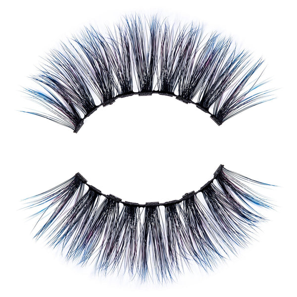 Close-up of a pair of dramatic false eyelashes with subtle colored accents, designed for enhancing eye makeup, labeled Stormy Lash - Colored | Moxielash.
