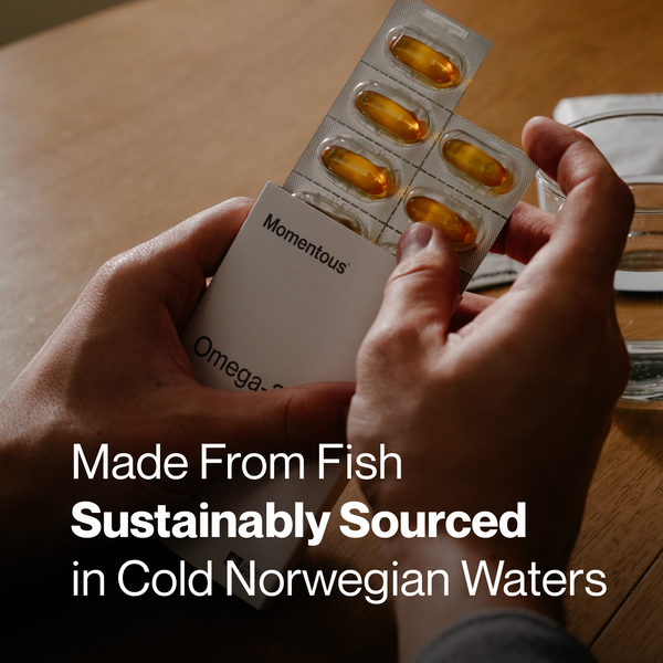 Hands holding a blister pack of golden capsules partially inserted into a white box labeled Omega-3 Travel Packs, emphasizing sustainably sourced fish oil from cold Norwegian waters.