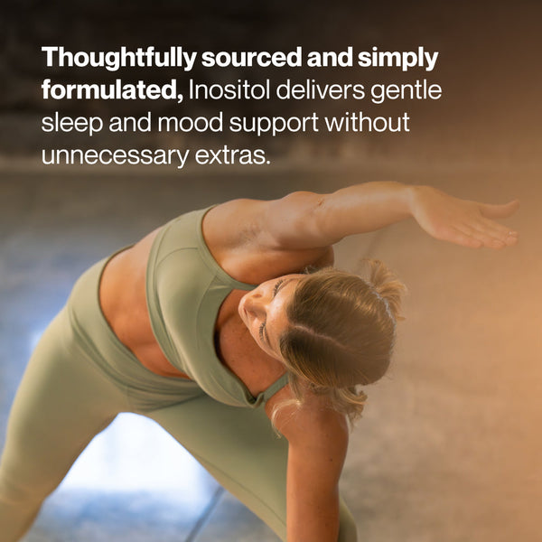 A woman in green activewear stretches with arms extended in a yoga pose, accompanied by text highlighting that Inositol supports gentle sleep and mood improvement through a thoughtfully sourced and simple formula.
