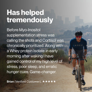 Athlete cycling on a dirt path with a city skyline in the background, next to a testimonial praising Inositol for reducing stress, improving sleep, and managing hunger cues.