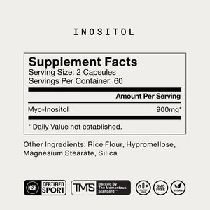 Supplement facts for Inositol showing serving size of 2 capsules, each serving contains 900mg of Myo-Inositol with additional ingredients rice flour, hypromellose, magnesium stearate, and silica.