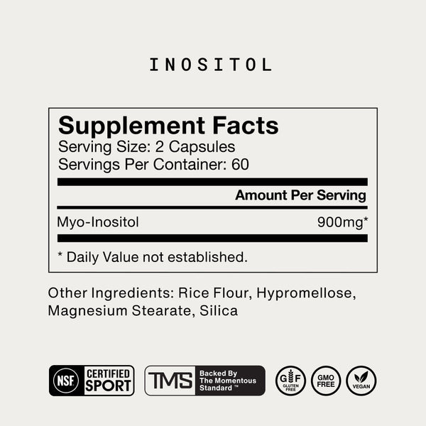 Supplement facts label showing Myo-Inositol 900mg per serving with other ingredients listed and certification icons for the Complete Sleep Stack wellness supplement.