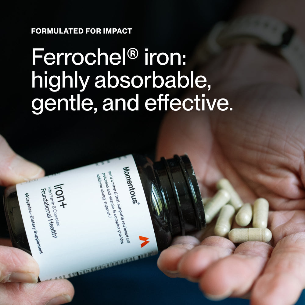 Dark amber bottle of Iron+ dietary supplement with Vitamin B Complex for foundational health and energy support, featuring a black ribbed cap.
