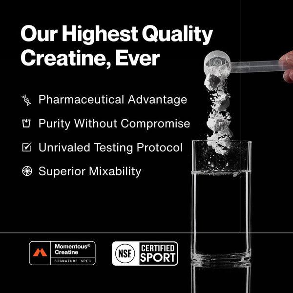 A hand holding a scoop of white creatine powder above a clear glass of water, highlighting key benefits including pharmaceutical advantage, purity, unrivaled testing protocol, and superior mixability for Creatine - 90 Servings.