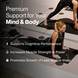 Two women practicing yoga on mats with text highlighting key benefits of Creatine - 90 Servings, including support for cognitive performance, increased muscle strength and power, and promotion of lean muscle mass growth.