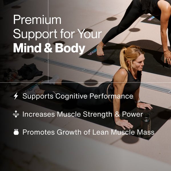 Two women practicing yoga on mats with text highlighting key benefits of Creatine - 90 Servings, including support for cognitive performance, increased muscle strength and power, and promotion of lean muscle mass growth.