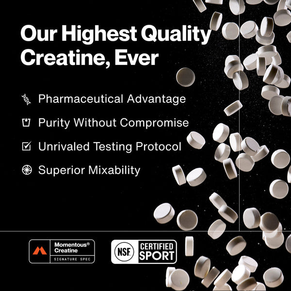 Creatine Chews 150-Count highlighting highest quality creatine with pharmaceutical advantage, purity, unrivaled testing protocol, and superior mixability alongside scattered white tablets.