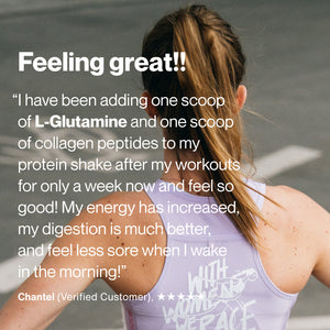 Woman with ponytail wearing a lavender workout top sharing a testimonial about feeling great after using L-Glutamine in her post-workout protein shake, highlighting increased energy and improved digestion.