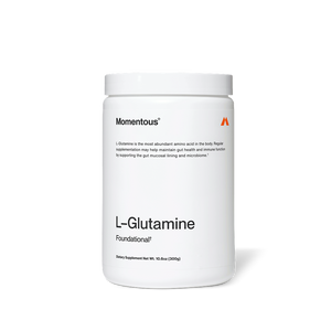 White container of L-Glutamine dietary supplement with minimalist label highlighting gut health and immune support benefits.
