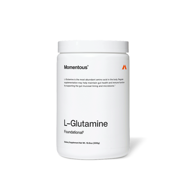 White container of L-Glutamine dietary supplement with minimalist label highlighting gut health and immune support benefits.