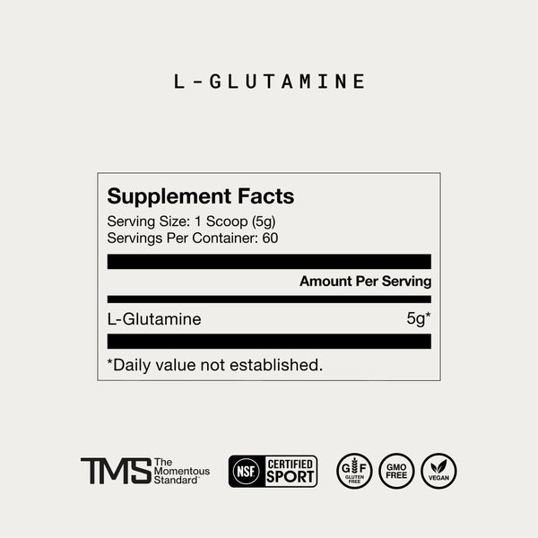 Supplement facts label for L-Glutamine showing 5 grams per serving, with 60 servings per container, featuring certifications for sport, gluten free, GMO free, and vegan.