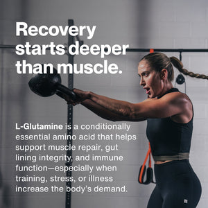 Athletic woman lifting a kettlebell in a gym setting with text explaining that L-Glutamine supports muscle repair, gut health, and immune function during training, stress, or illness.