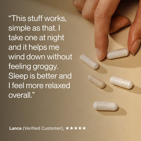 Hand placing white capsules on a beige surface next to a customer testimonial praising L-Theanine for improving sleep quality and relaxation without grogginess.