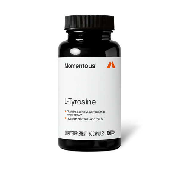 Tyrosine bottle with a black cap and white label featuring the words L Tyrosine and 60 capsules