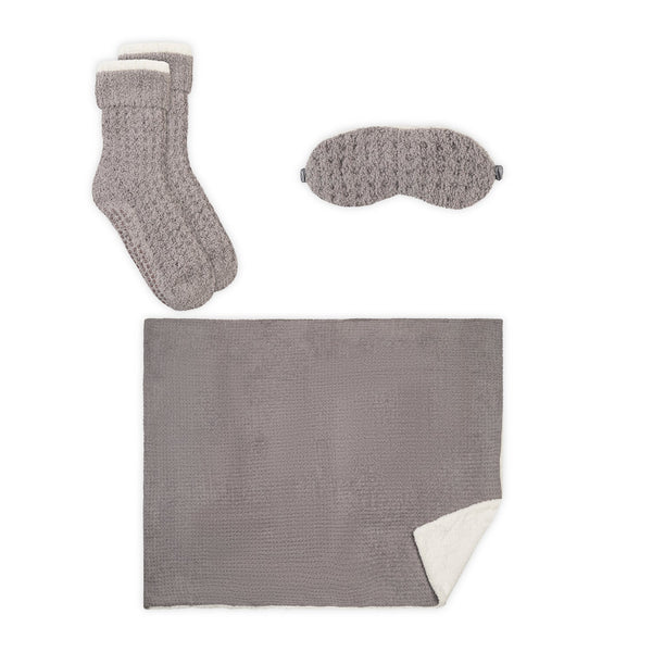 3pc Women's Sherpa Lined Cozy Waffle Set | Lemon featuring soft waffle-textured socks, an eye mask, and a plush blanket in a calming grey color for ultimate relaxation and comfort.