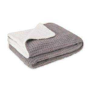 Soft folded gray sherpa lined blanket with cozy waffle texture, complementing the 3pc Women's Sherpa Lined Cozy Waffle Set | Lemon for ultimate comfort and warmth.