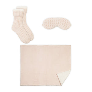 3pc Women's Sherpa Lined Cozy Waffle Set | Lemon featuring warm textured socks, a matching eye mask, and a soft blanket with sherpa lining for ultimate comfort and relaxation.