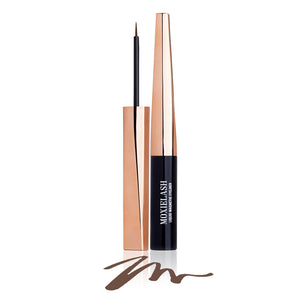 Open tube of Magnetic Liquid Eyeliner | Moxielash with sleek rose gold cap and fine brush applicator, shown with smooth brown liquid eyeliner stroke beneath.