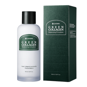 Bottle and box of Green Collagen Balancing Emulsion | Leaders, a skincare product designed to promote moisture balance with vegan collagen and lactobacillus.
