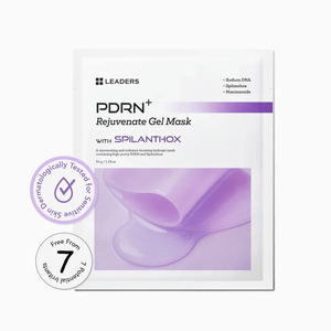 Package of PDRN+ Rejuvenate Gel Mask | Leaders featuring a purple-tinted gel mask, highlighting skin-friendly ingredients and dermatologically tested formula for skincare.