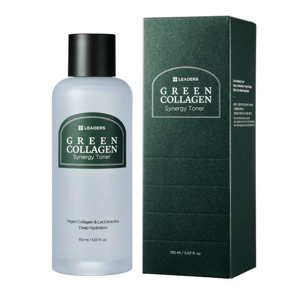 Bottle and green packaging of Green Collagen Synergy Toner | Leaders, a skincare product featuring vegan collagen and lactobacillus for deep hydration.