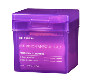 Purple container of Nutrition Ampoule Pad | Leaders with moisturizing skincare pads enriched with panthenol and ceramide for deep nourishing and radiant skin glow.