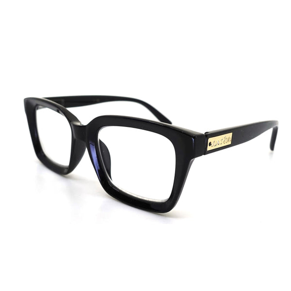 Black stylish square frame reading glasses with clear lenses and a gold accent on the temples, Chic Trendy Reading Glasses | Love You More.