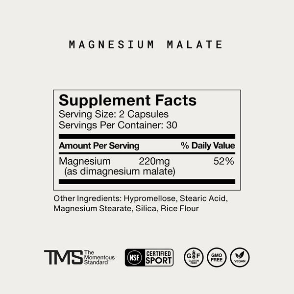Supplement Facts label for Magnesium Malate showing serving size of 2 capsules, 220mg magnesium per serving providing 52% daily value, with additional ingredient details and certification icons for wellness supplements.