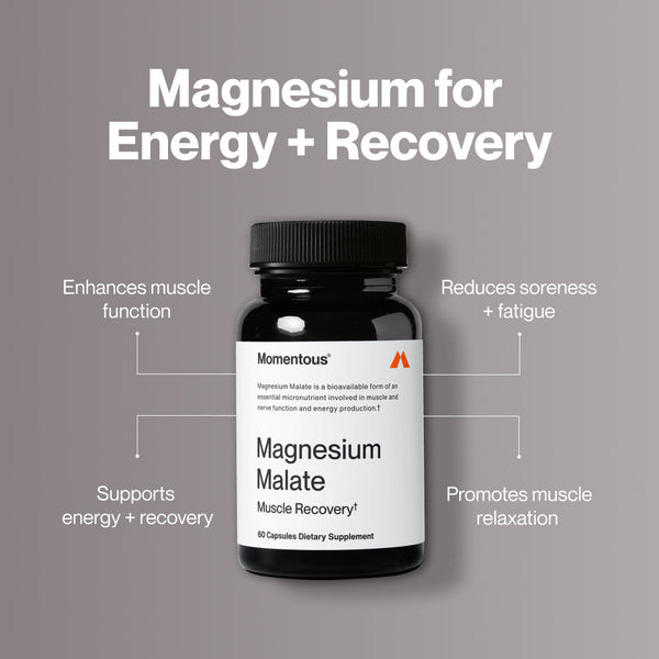 Black bottle of Magnesium Malate dietary supplement with text highlighting benefits such as enhancing muscle function, supporting energy and recovery, reducing soreness and fatigue, and promoting muscle relaxation.