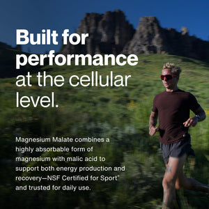 Athlete running outdoors in mountainous landscape with text highlighting Magnesium Malate’s support for energy production and recovery at the cellular level.