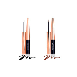 Two sleek tubes of Magnetic Liquid Eyeliner | Moxielash in black and brown shades with fine brush applicators and swatches on a white background.